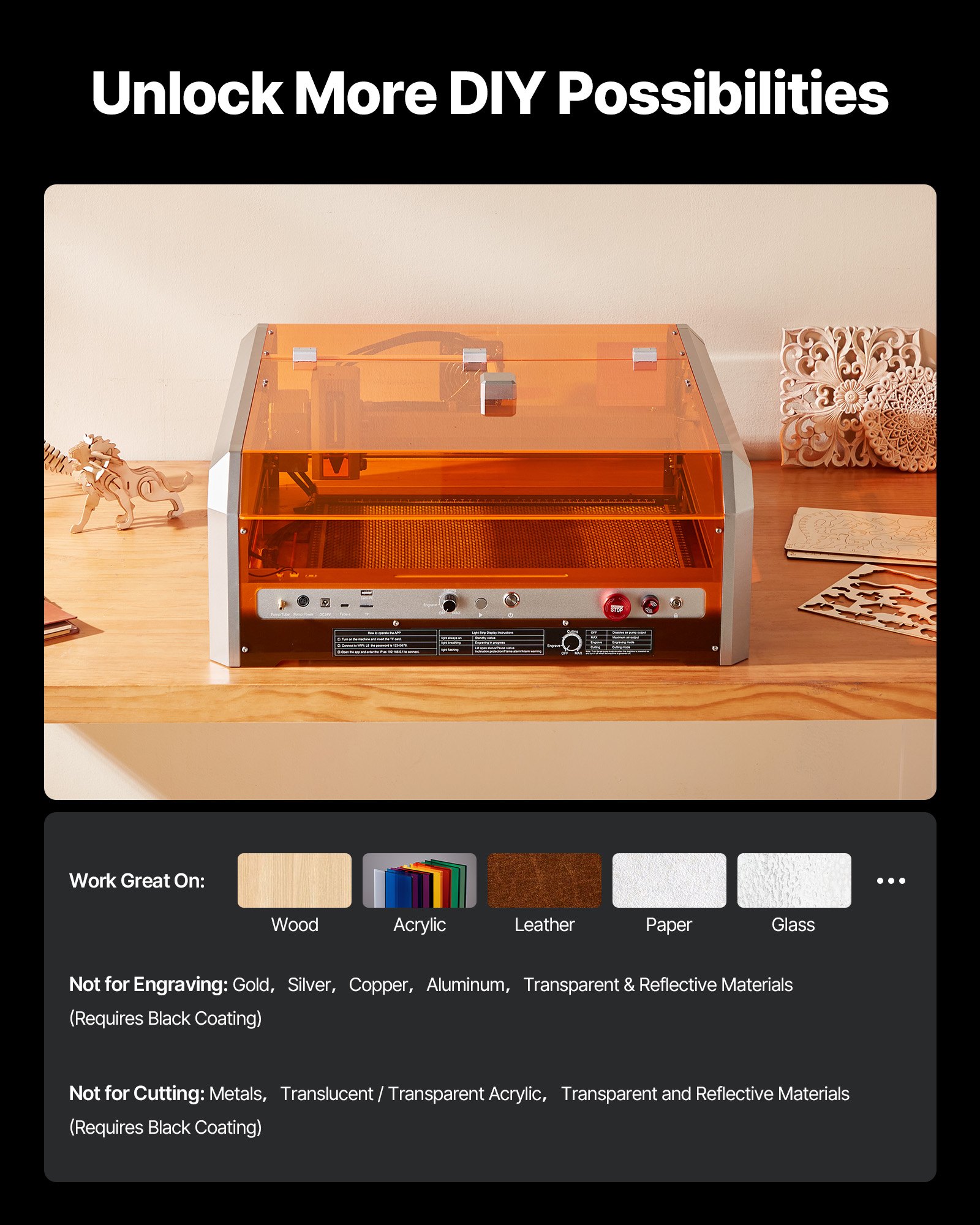 VEVOR Laser Engraver, 20W, Laser Engraving and Cutting Machine with Enclosure Camera, Laser Cutter, 400 x 400 mm Working Area, 30000 mm/min, for Wood, Leather, Glass, Paper, Certain Metal, Class 1