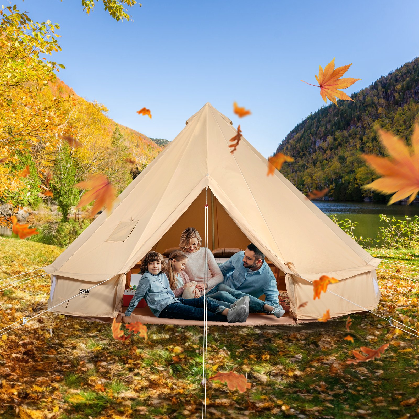 VEVOR Tienda de Campana de Lona de 3m, Carpa de Yurta para 4 Estaciones, Tienda de Campaña Familiar con Agujero para Estufa de Leña y Bolsas de Almacenamiento para Glamping de hasta 4 Personas, Fiesta