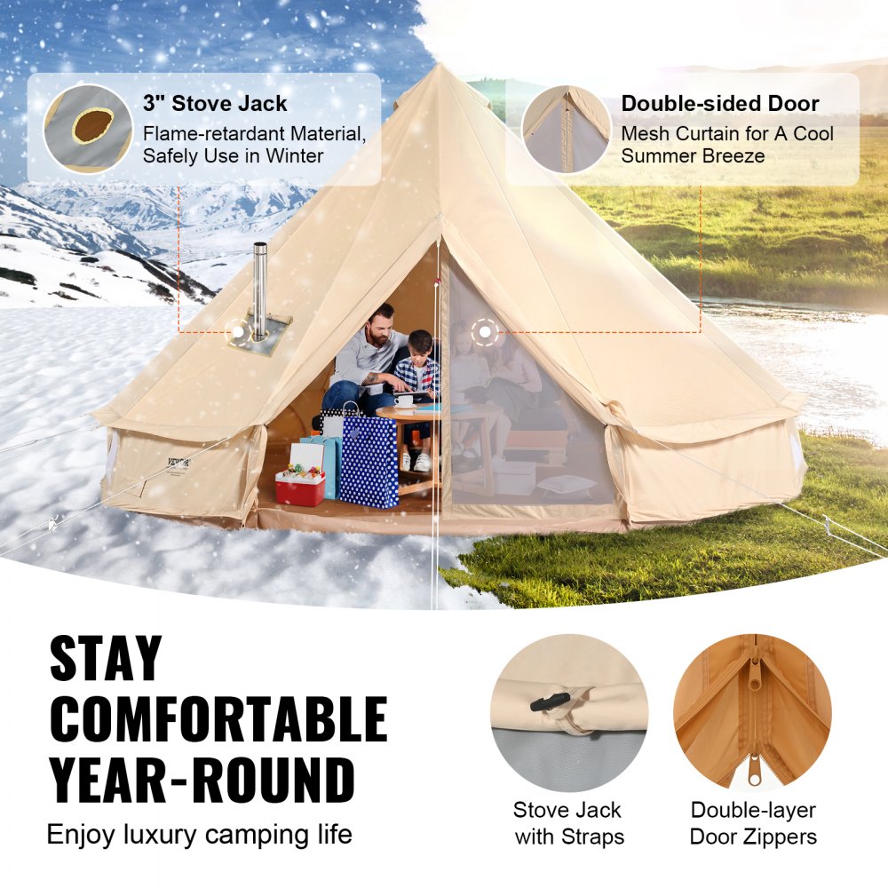 VEVOR Tienda de Campana de Lona de 5m Carpa para Fiestas Familiares Actividades al Aire Libre con Orificio para Estufa de Leña y Bolsas de Almacenamiento Capacidad Aprox. 8 Personas, Barbacoa, Camping