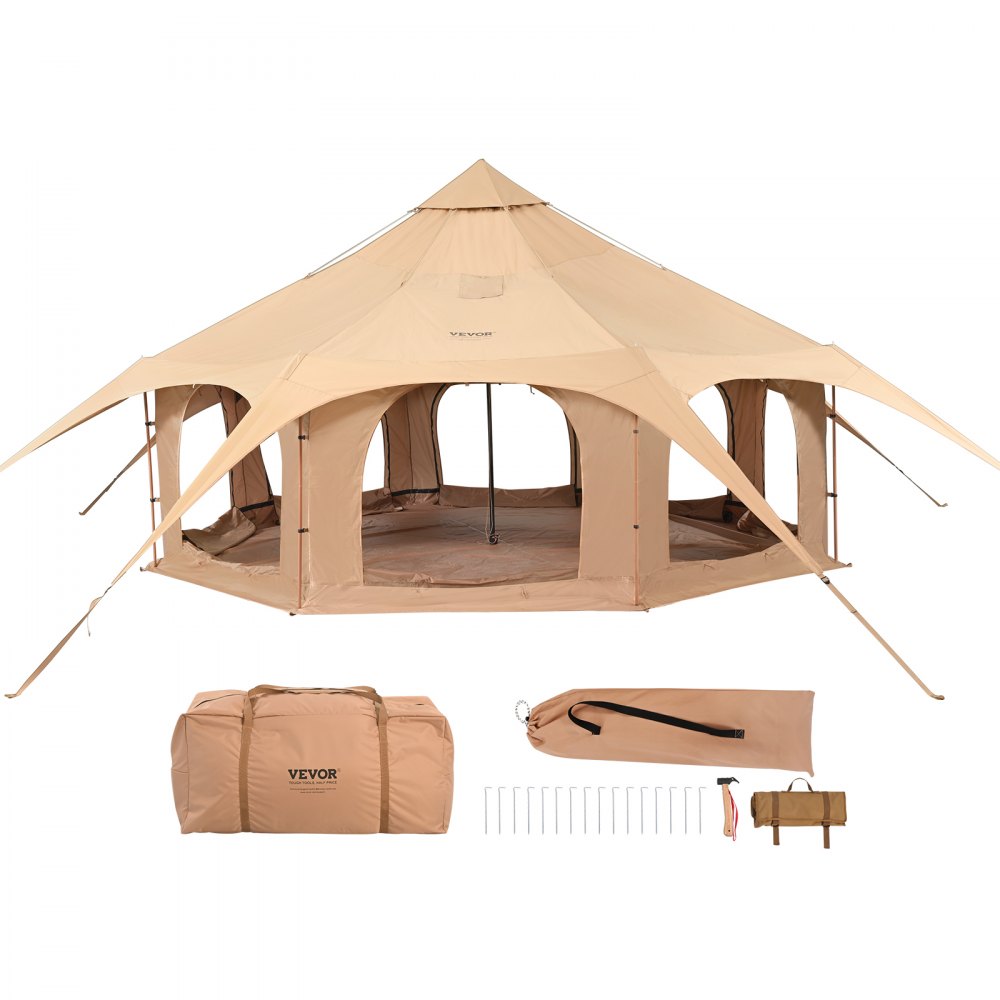 VEVOR Tienda de Campana de Lona de 5m, Carpa de Yurta para 4 Estaciones, Tienda de Campaña Familiar con Agujero para Estufa de Leña y Bolsas de Almacenamiento para Glamping de hasta 8 Personas, Fiesta