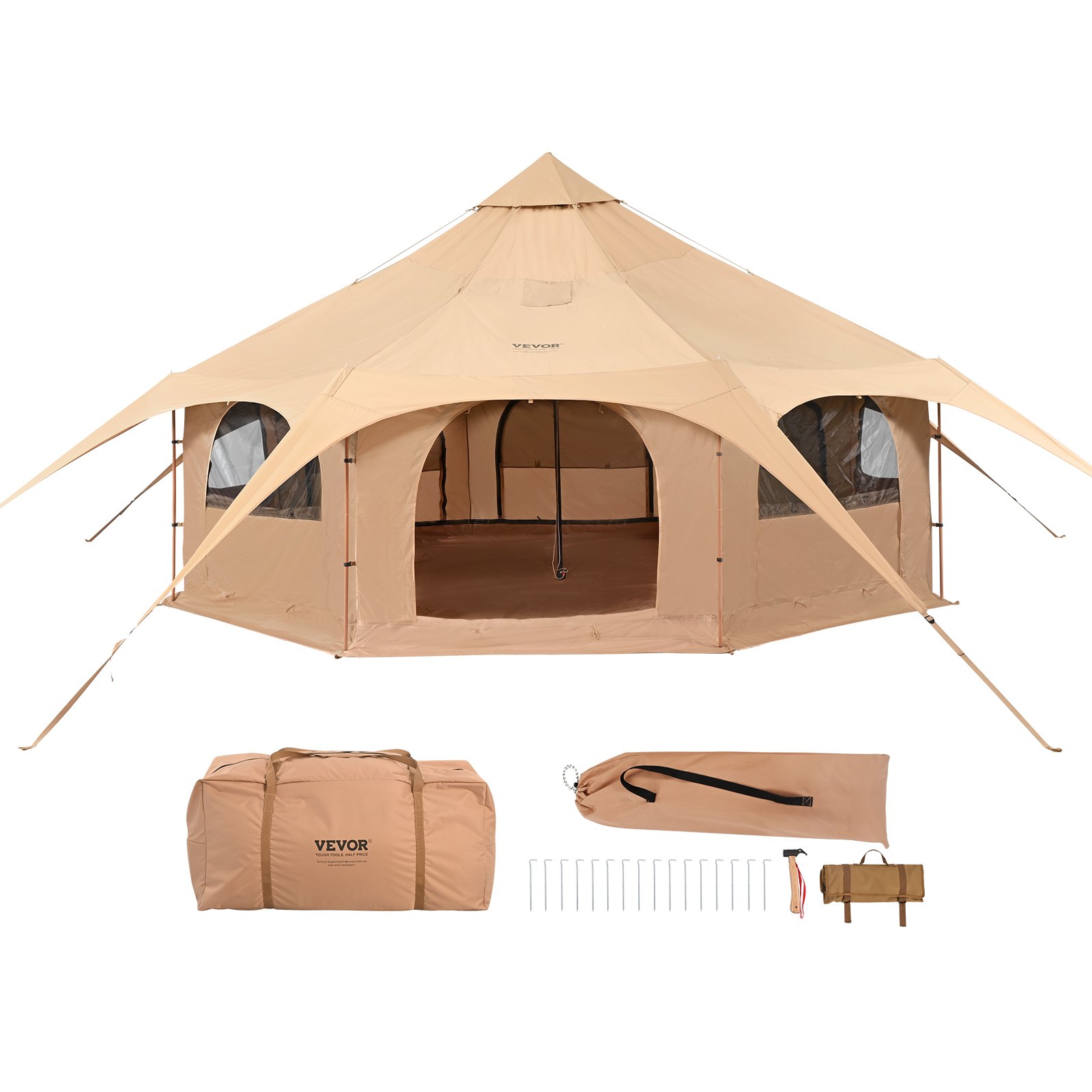 VEVOR Tienda de Campana de Lona de 5m, Carpa de Yurta para 4 Estaciones, Tienda de Campaña Familiar con Agujero para Estufa de Leña y Bolsas de Almacenamiento para Glamping de hasta 8 Personas, Fiesta