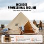 Tienda de campaña glamping VEVOR en una playa con herramientas de montaje, estacas de tierra, cuerdas a prueba de viento, martillo y tensores de cuerda.