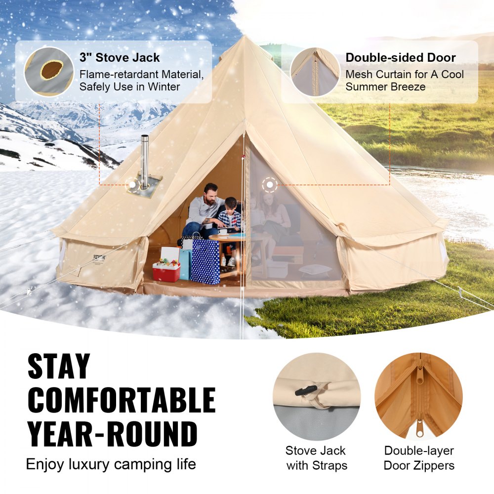 VEVOR Tienda de Campana de Lona de 7m, Carpa de Yurta para 4 Estaciones Tienda de Campaña Familiar con Agujero para Estufa de Leña y Bolsas de Almacenamiento para Glamping de hasta 12 Personas, Fiesta