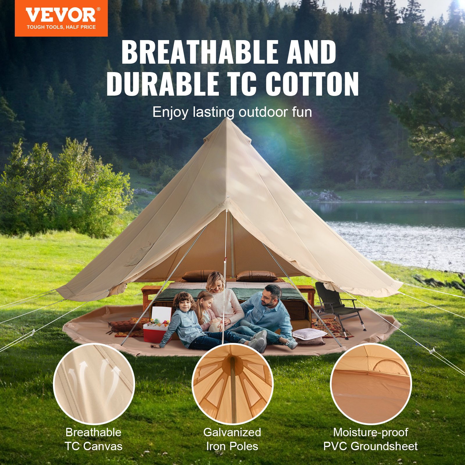 VEVOR Tienda de Campana de Lona de 7m, Carpa de Yurta para 4 Estaciones Tienda de Campaña Familiar con Agujero para Estufa de Leña y Bolsas de Almacenamiento para Glamping de hasta 12 Personas, Fiesta