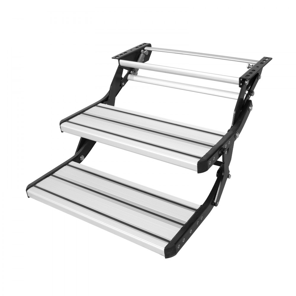 Escalones para vehículos recreativos VEVOR con escalones dobles de aluminio y soportes laterales negros para una entrada estable al vehículo recreativo.