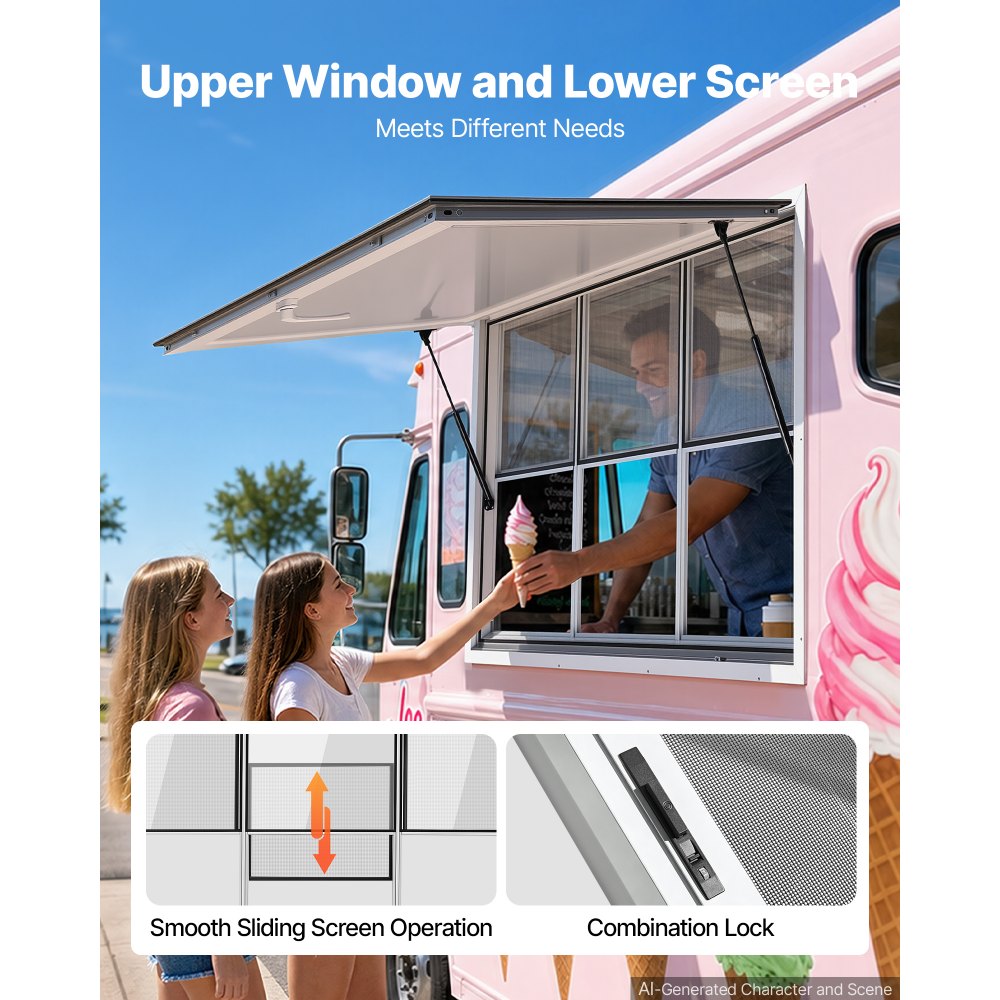 VEVOR Ventana de Servicio para Camión de Comida, 152,4 x 91,5 cm, con Marco de Aleación de Aluminio, Hasta 85°, con 3 Ventanas Fijas y 3 Corredizas de Malla, Puerta de Toldo y Gancho de Arrastre