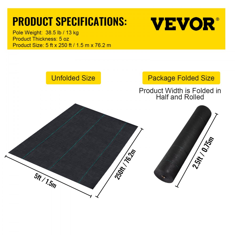 VEVOR Tejido Acolchado 1,5 x 76,2 m Paño de Control de Malezas Geotextil Lona para Jardín PP Densidad de Alta Permeabilidad Base Textil de 5 oz para Cobertura de Suelo Jardinería Agricultura, Negro