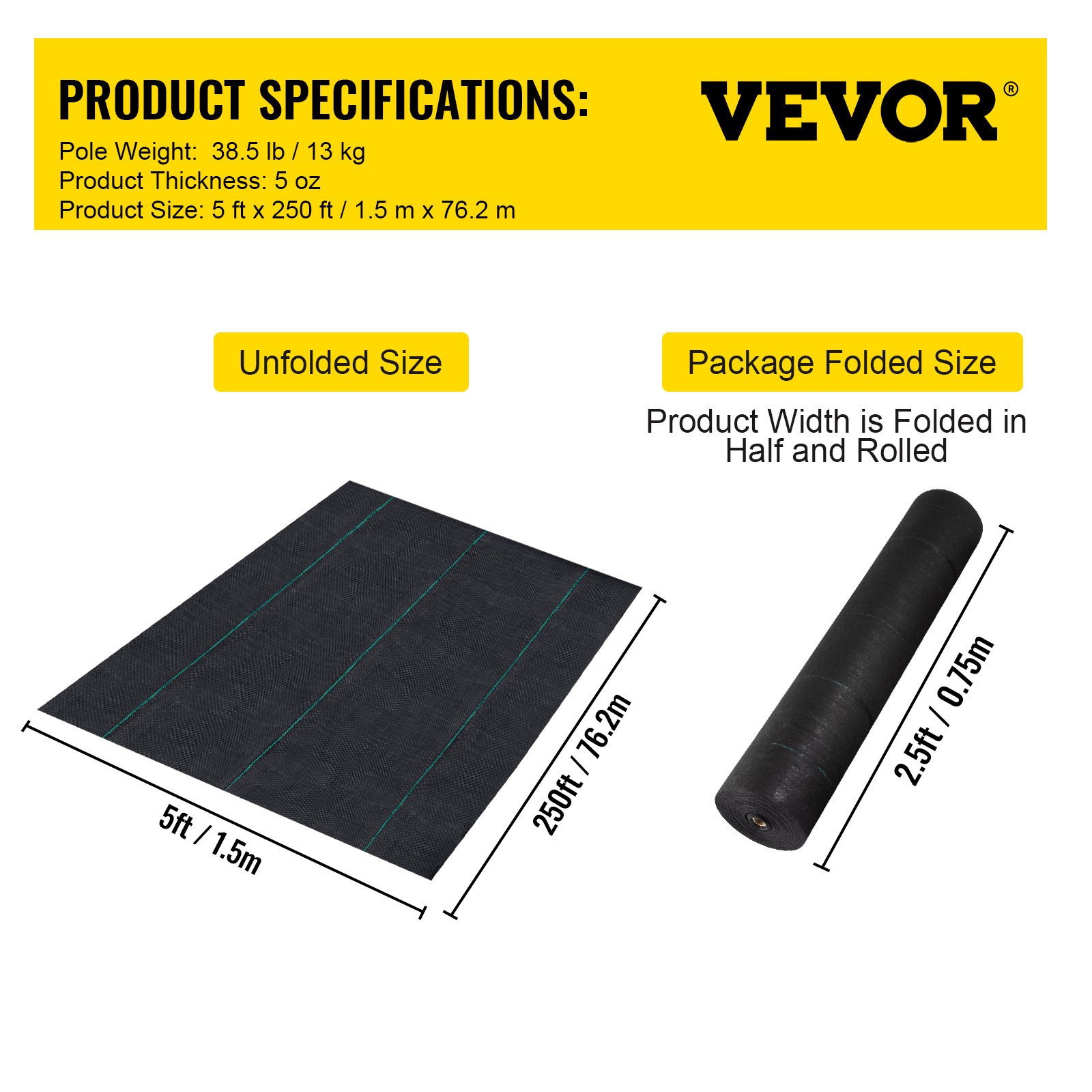 VEVOR Tejido Acolchado 1,5 x 76,2 m Paño de Control de Malezas Geotextil Lona para Jardín PP Densidad de Alta Permeabilidad Base Textil de 5 oz para Cobertura de Suelo Jardinería Agricultura, Negro