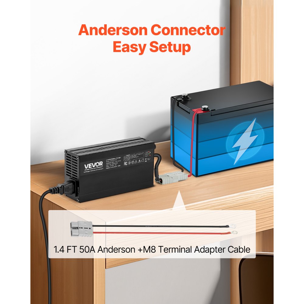 VEVOR Cargador de Batería de Litio 12 V 10 A LiFePO4 CA-CC 14,6 V con Conector Anderson, Indicador LED, Activación a 0 V para Baterías Recargables de Ciclo Profundo de Litio LiFePO4 de Autocaravanas