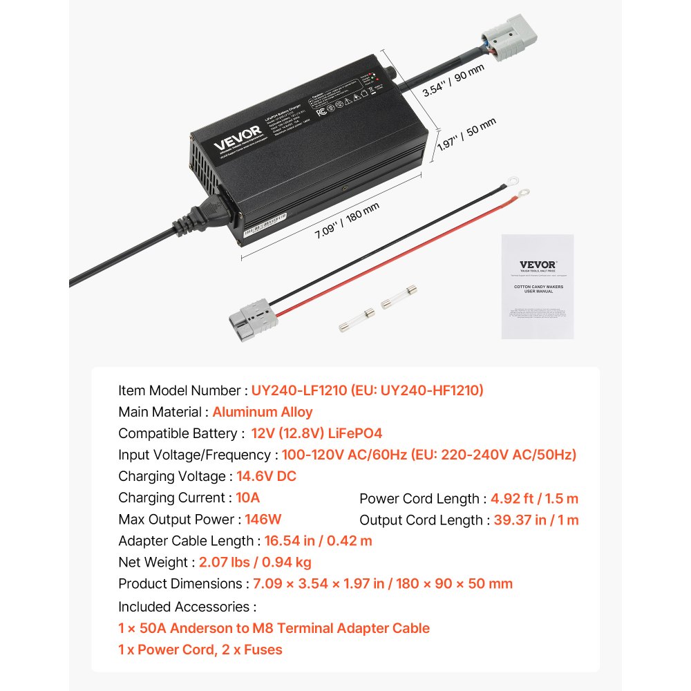VEVOR Cargador de Batería de Litio 12 V 10 A LiFePO4 CA-CC 14,6 V con Conector Anderson, Indicador LED, Activación a 0 V para Baterías Recargables de Ciclo Profundo de Litio LiFePO4 de Autocaravanas