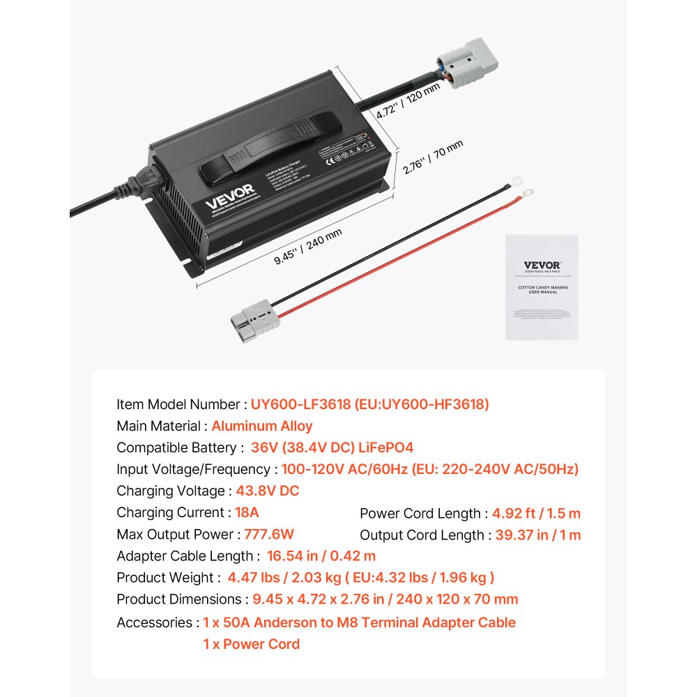 VEVOR 36V 18A Lithium Battery Charger, 43.8V, AC-DC LiFePO4 Smart Charger, with Anderson Connector, LED Indicator, 0V Activation, for Lithium LiFePO4 Deep Cycle Rechargeable Batteries of Boat, RV