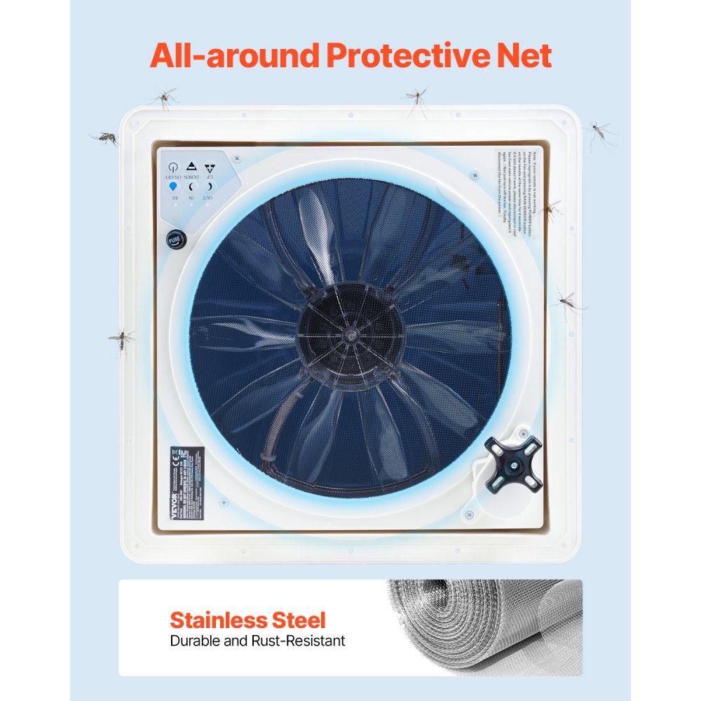 VEVOR Ventilador de Ventilación para RV, Potente Ventilador Reversible de 10 Velocidades con Control Remoto, Cubierta de Lluvia Incorporada, Tapa Superior Eléctrica, Aspa 30,5 cm, 22 W, Blanco
