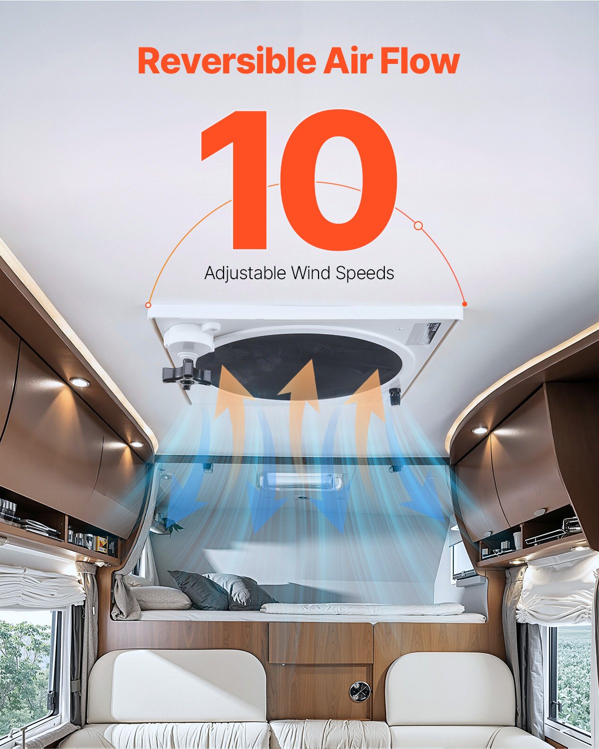 VEVOR Motorhome Fan 410x410x252 mm, Roof Fan 12 V, Reversible Fan with 10 Speeds & Remote Control, Rain Cover, Electric Lid, Exhaust Fan, Roof Vent Suitable for RV Roof Openings
