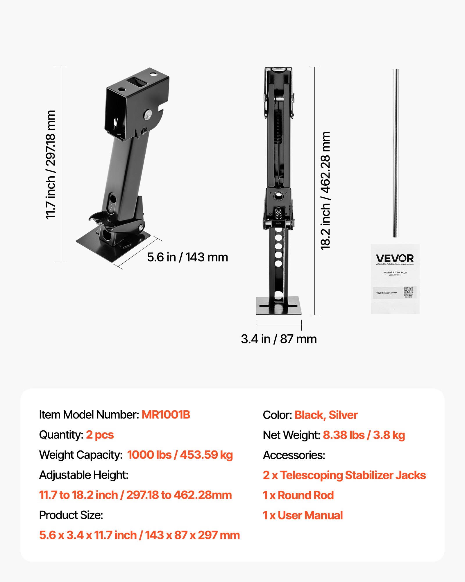 VEVOR Telescoping Stabilizer Jack, 2PCS Telescoping Folding Trailer Jack, Trailer Swing Down Stabilizer Jack for RV Trailer, Supports 453.59kg Capacity Each, Adjustable from 297.18mm to 462.28mm