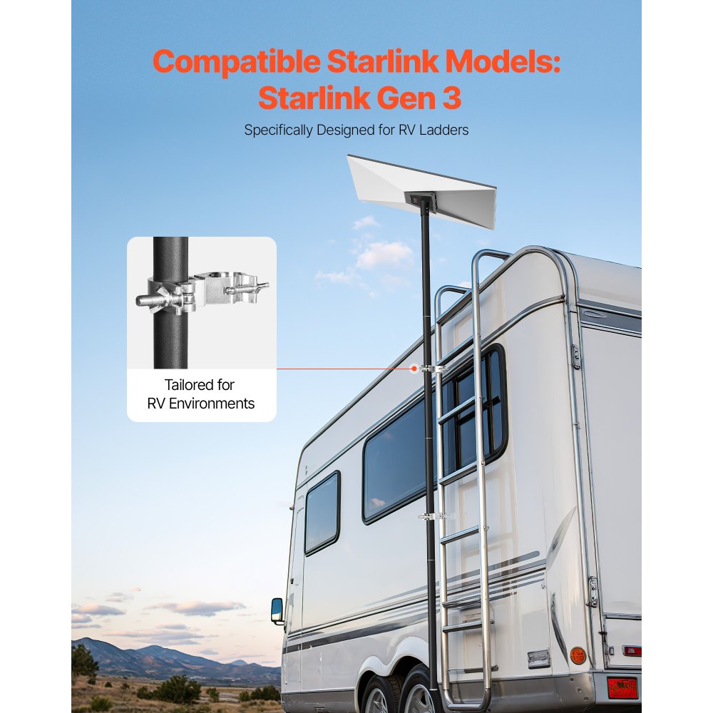 VEVOR Starlink RV Ladder Mount, 360°Adjustable Angle Mounting Standard Gen 3 Pipe Kit, Heavy-Duty Steel Extra Long Starlink RV Ladder Adapter, Compatible with Gen3 and V3, Easy to Assembly, Black