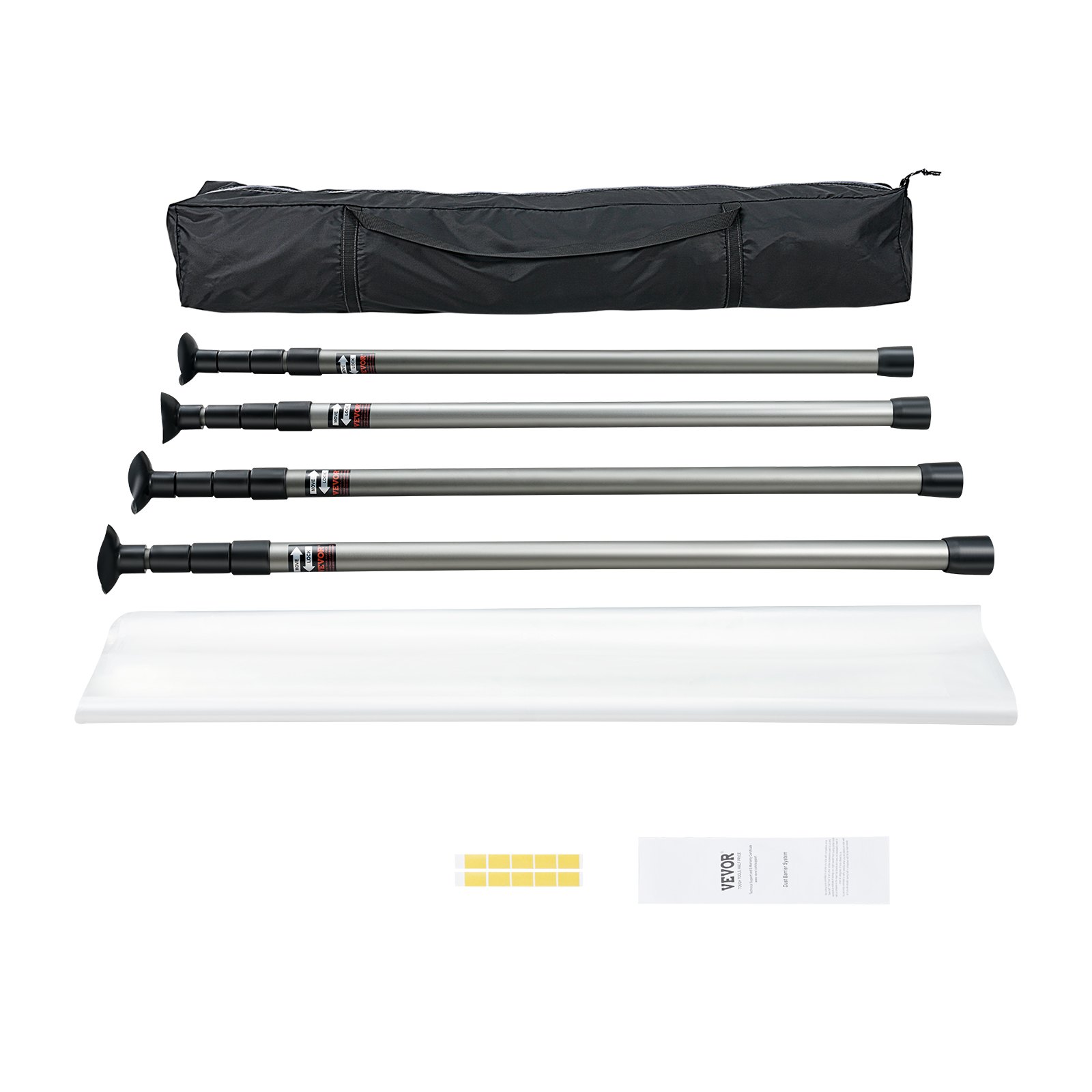 VEVOR Dust Protection Poles, Dust Protection System, Dust Protection Wall with 4 Telescopic Poles & Carrying Bag, 4 Height Adjustable Max. 3 m, 10 x 4 m Plastic Film, for Interior Decoration and Painting Work