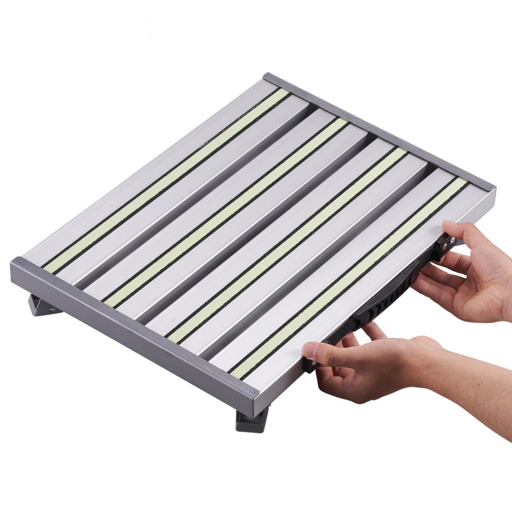 VEVOR Taburete Plegable de Aleación de Aluminio Taburete Portátil Carga de 150 kg 4 Alturas Ajustables con Amplia Superficie Antideslizante, Pies de Goma, Tiras Reflectantes, Mango para Autocaravana