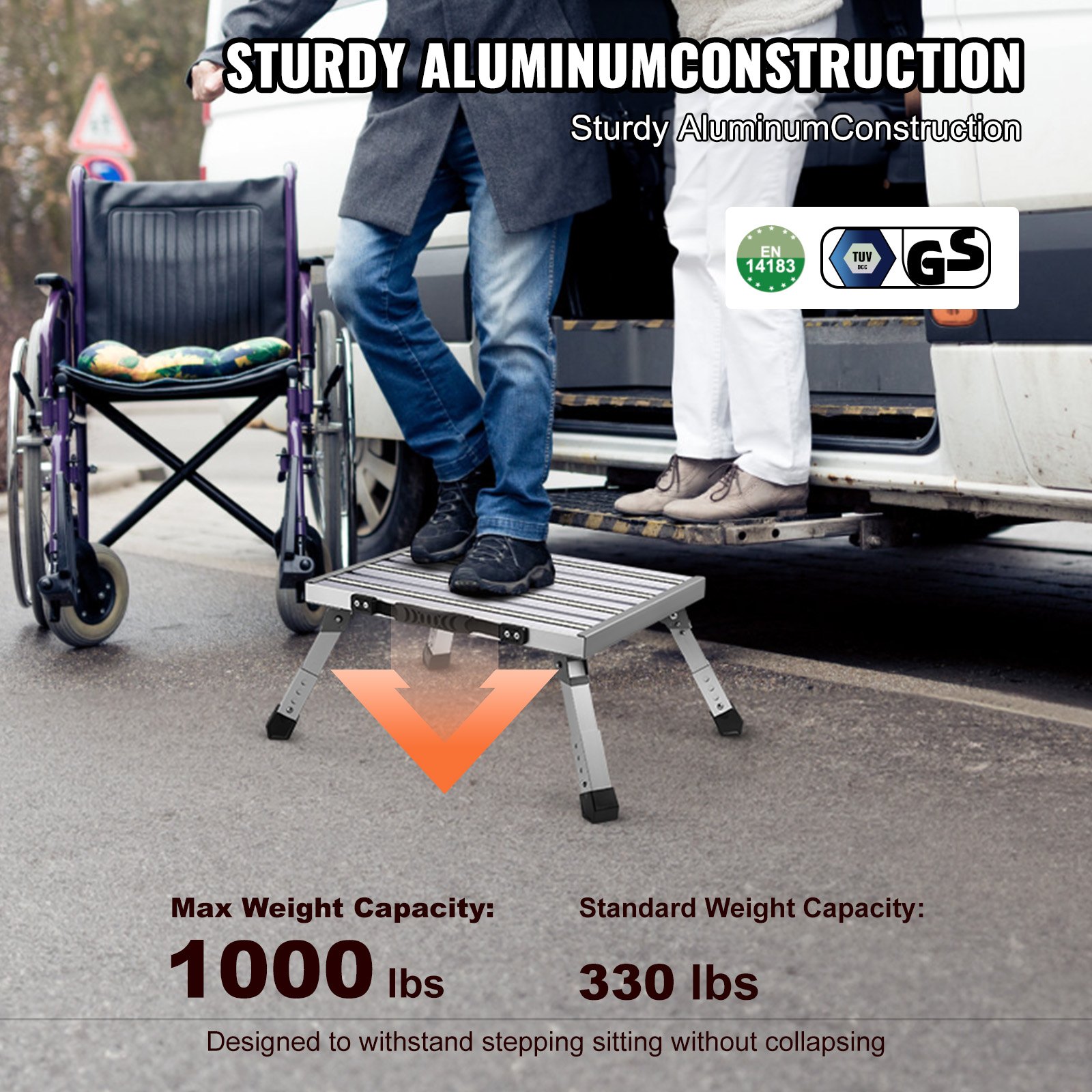 VEVOR Taburete Plegable de Aleación de Aluminio Taburete Portátil Carga de 150 kg 4 Alturas Ajustables con Amplia Superficie Antideslizante, Pies de Goma, Tiras Reflectantes, Mango para Autocaravana