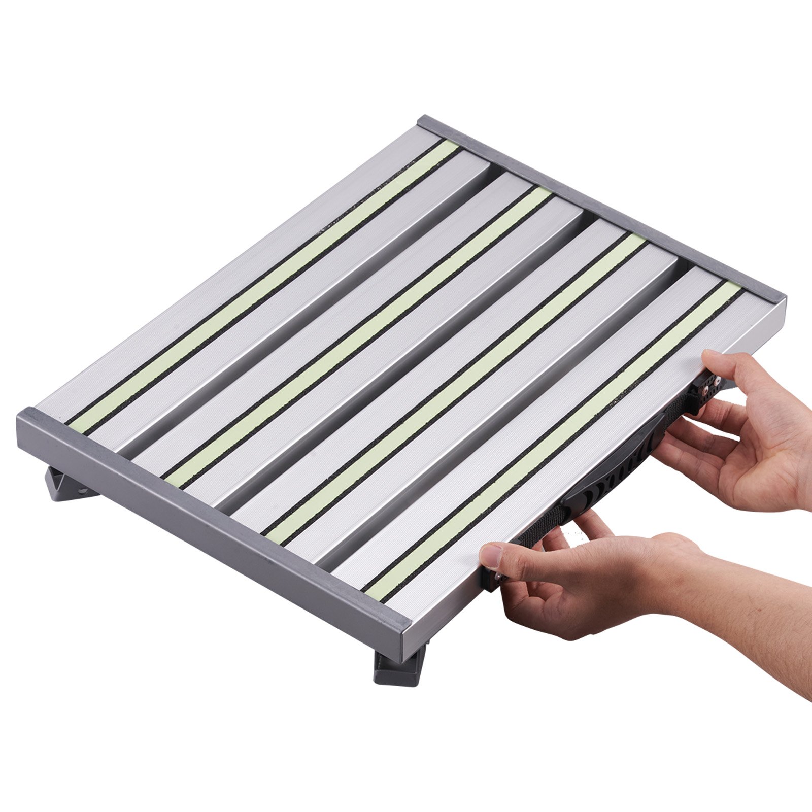 VEVOR Taburete Plegable de Aleación de Aluminio Taburete Portátil Carga de 150 kg 4 Alturas Ajustables con Amplia Superficie Antideslizante, Pies de Goma, Tiras Reflectantes, Mango para Autocaravana