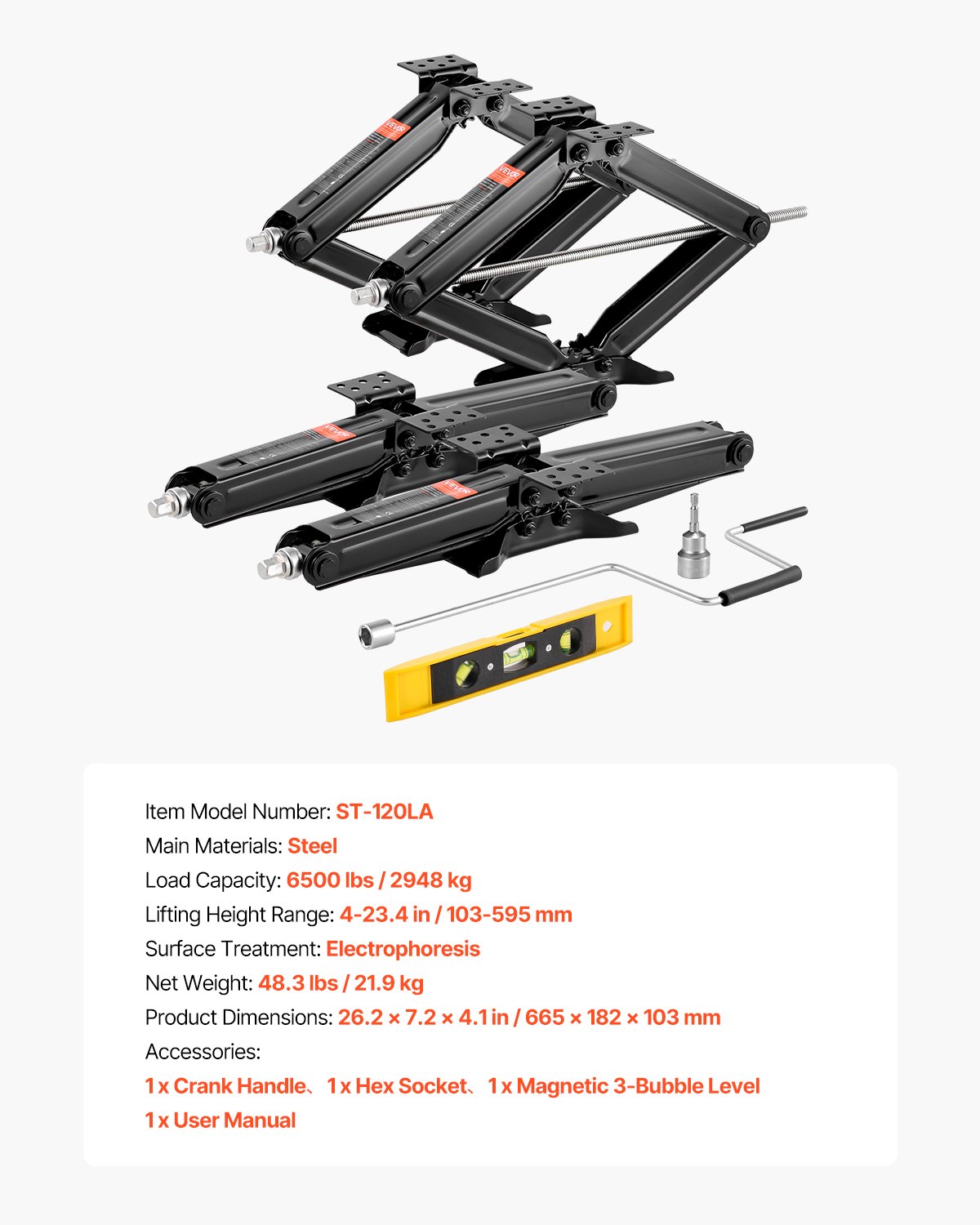 VEVOR RV Scissor Jack with Crank Handle, Base & Spirit Level (4 pcs.) Stabilizer Leveling 103-595 mm Lifting Height Stabilizer Jack Not Easily Deformable 2948 kg Load Capacity