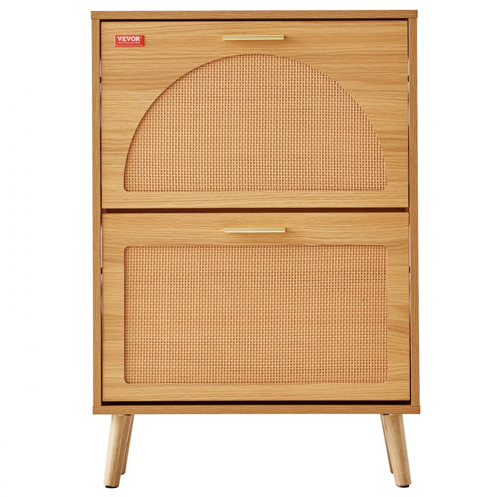 Zapatero VEVOR con acabado de madera natural, compartimentos dobles y paneles de ratán tejido para un almacenamiento con estilo.