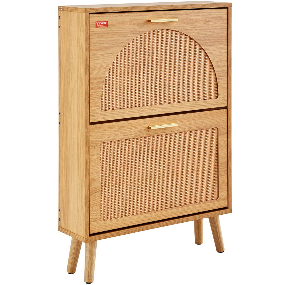 Elegante zapatero VEVOR con puertas de dos compartimentos con detalles de ratán y elegantes tiradores dorados.