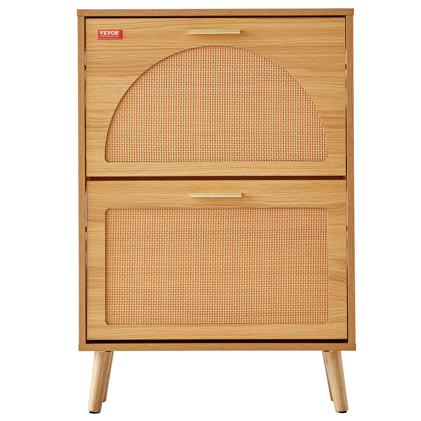 Zapatero VEVOR con acabado de madera natural, compartimentos dobles y paneles de ratán tejido para un almacenamiento con estilo.