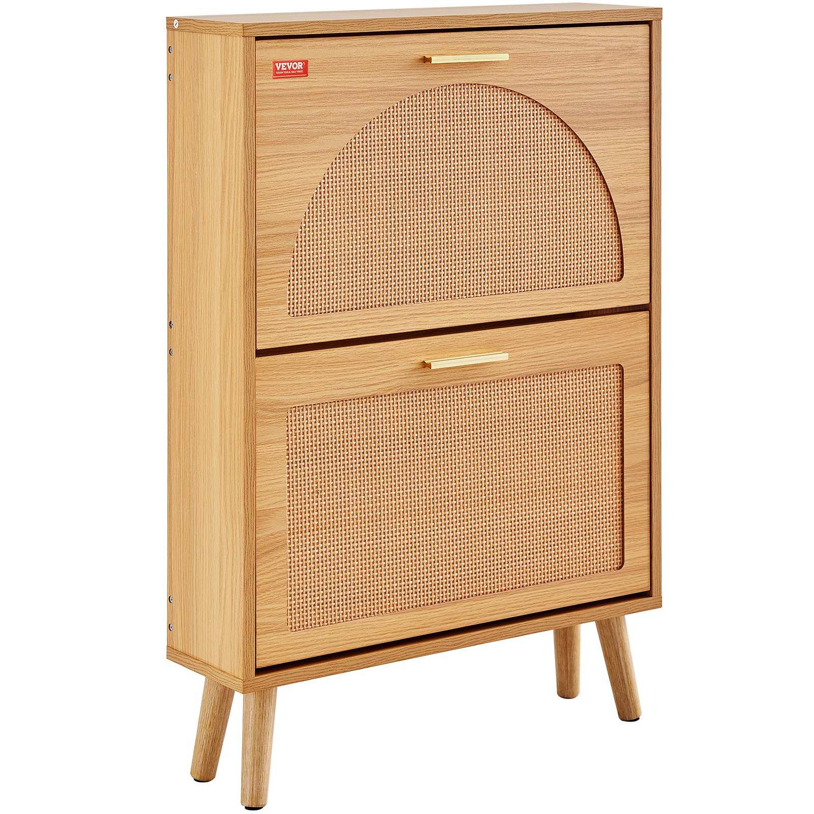 Elegante zapatero VEVOR con puertas de dos compartimentos con detalles de ratán y elegantes tiradores dorados.