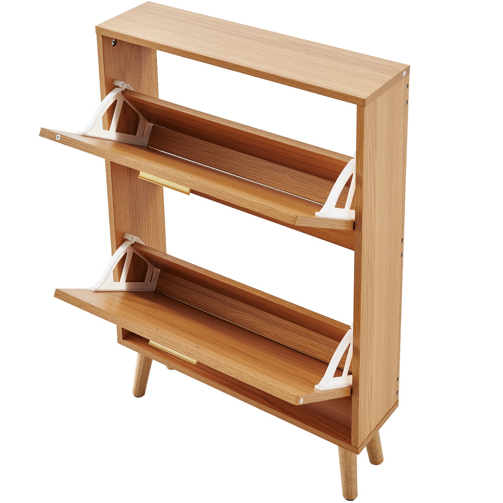 Zapatero VEVOR con puertas dobles abatibles, acabado en madera y soportes blancos para un almacenamiento organizado.