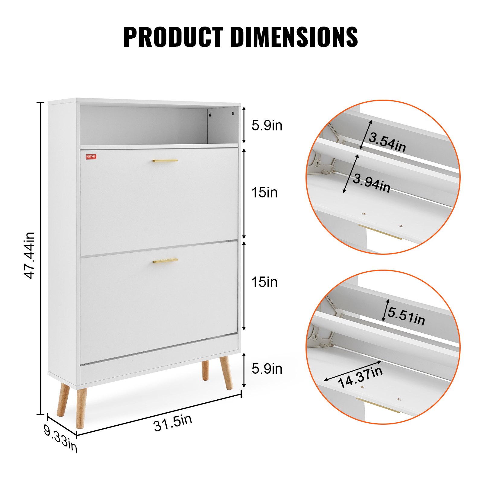 Dimensiones del zapatero VEVOR: 47,44&quot; x 31,5&quot; x 9,33&quot; con compartimentos de 15&quot;, estante superior de 5,9&quot;, blanco, patas de madera.