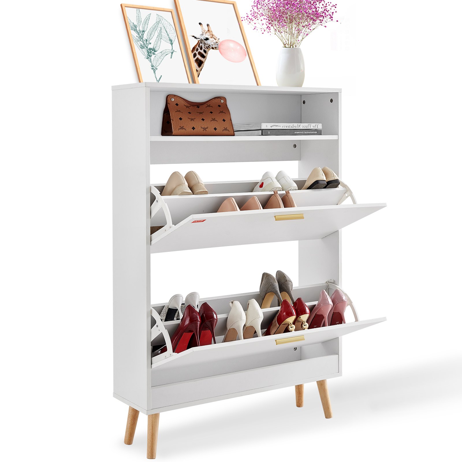 Zapatero VEVOR blanco con tres estantes extraíbles, patas de madera y elementos decorativos en la parte superior.
