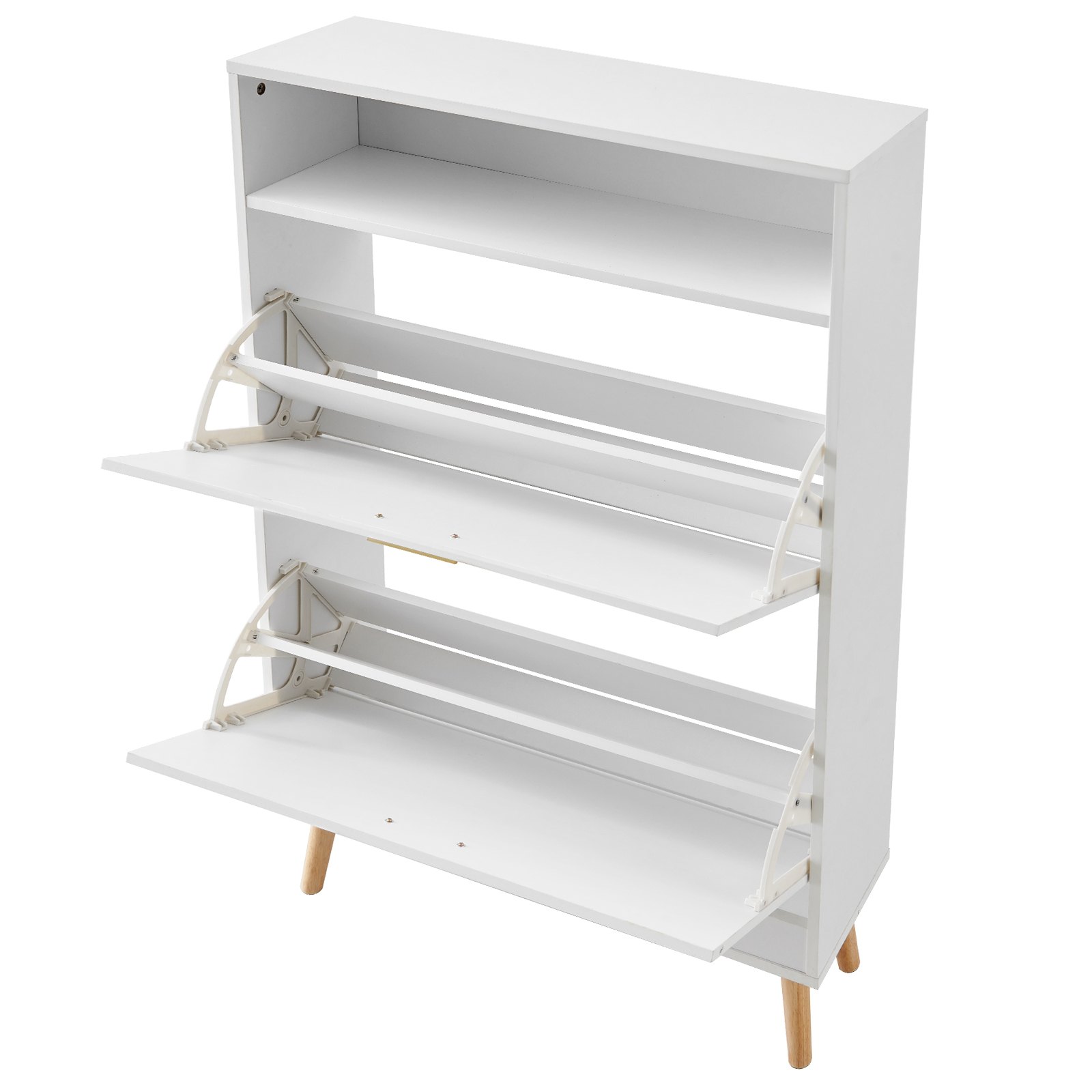 Zapatero blanco VEVOR con patas de madera y dos compartimentos abatibles para guardar zapatos de forma organizada.