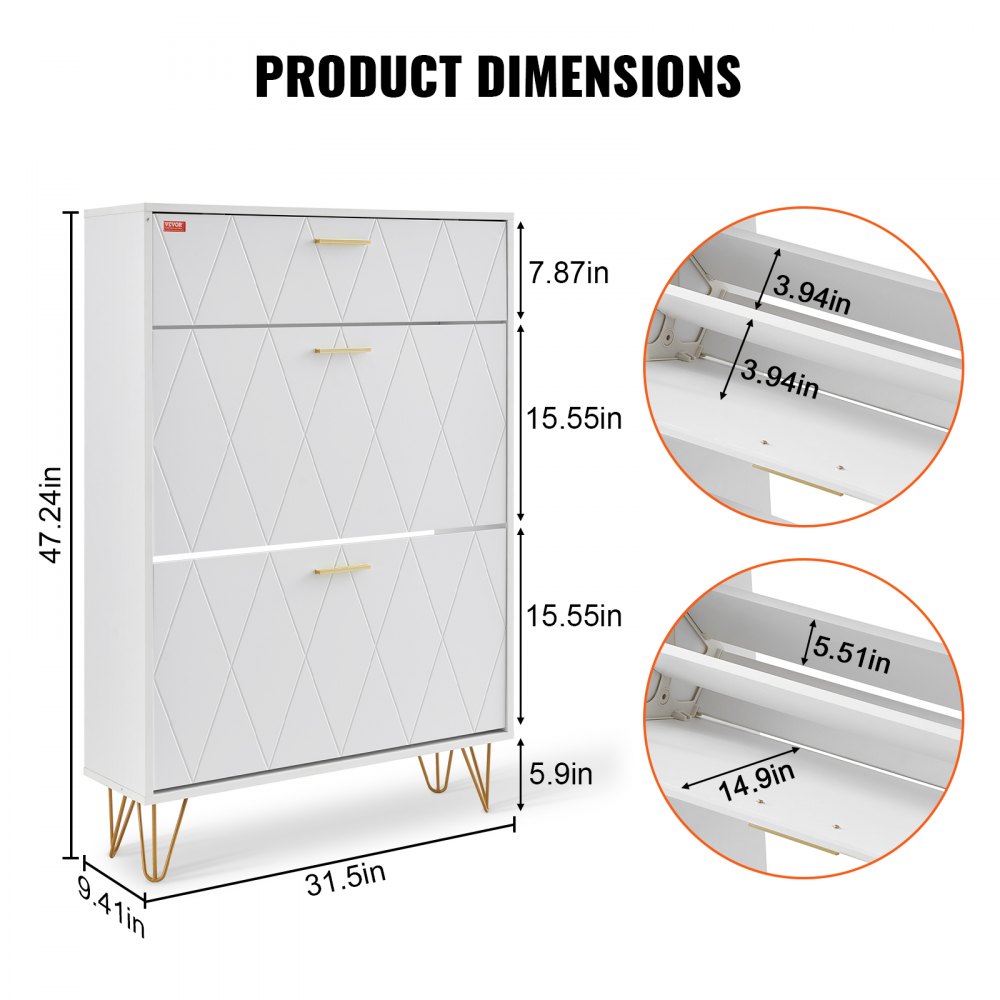 Zapatero VEVOR con dimensiones 120 x 80 x 24 cm, con tres compartimentos y tiradores dorados.