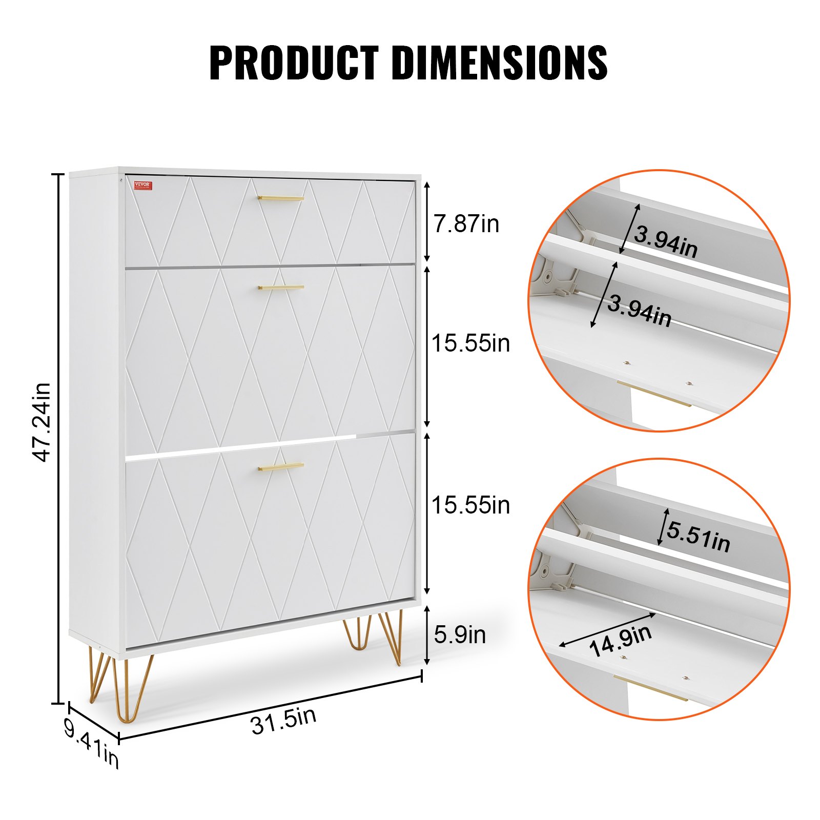 Zapatero VEVOR con dimensiones 120 x 80 x 24 cm, con tres compartimentos y tiradores dorados.