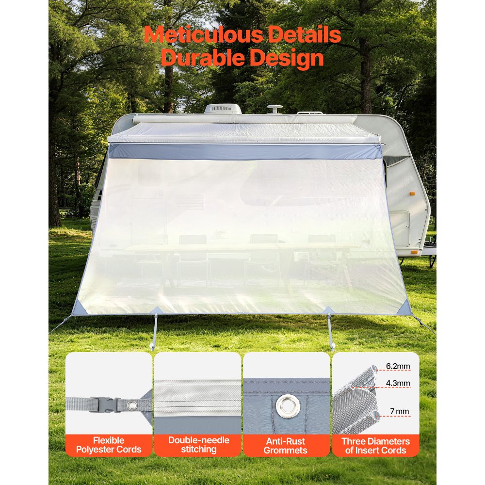 VEVOR Toldo Frontal para Caravana de 2 x 3,3 m, Compatible con Toldo de 3,5 m, Protección Solar Transpirable con Malla de Poliéster Doble Costura para Caravanas, Autocaravana, Viajes, Acampadas