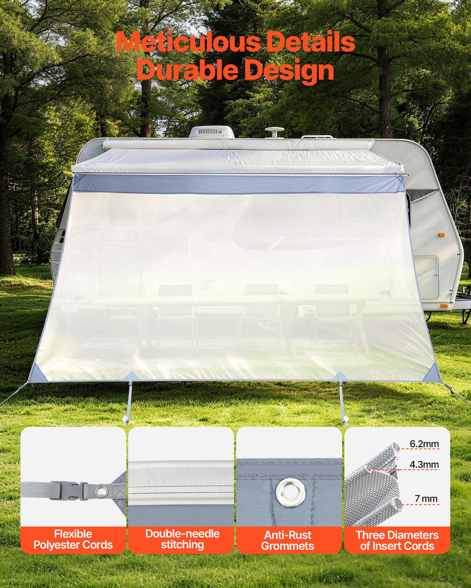 VEVOR Toldo Frontal para Caravana de 2 x 3,3 m, Compatible con Toldo de 3,5 m, Protección Solar Transpirable con Malla de Poliéster Doble Costura para Caravanas, Autocaravana, Viajes, Acampadas