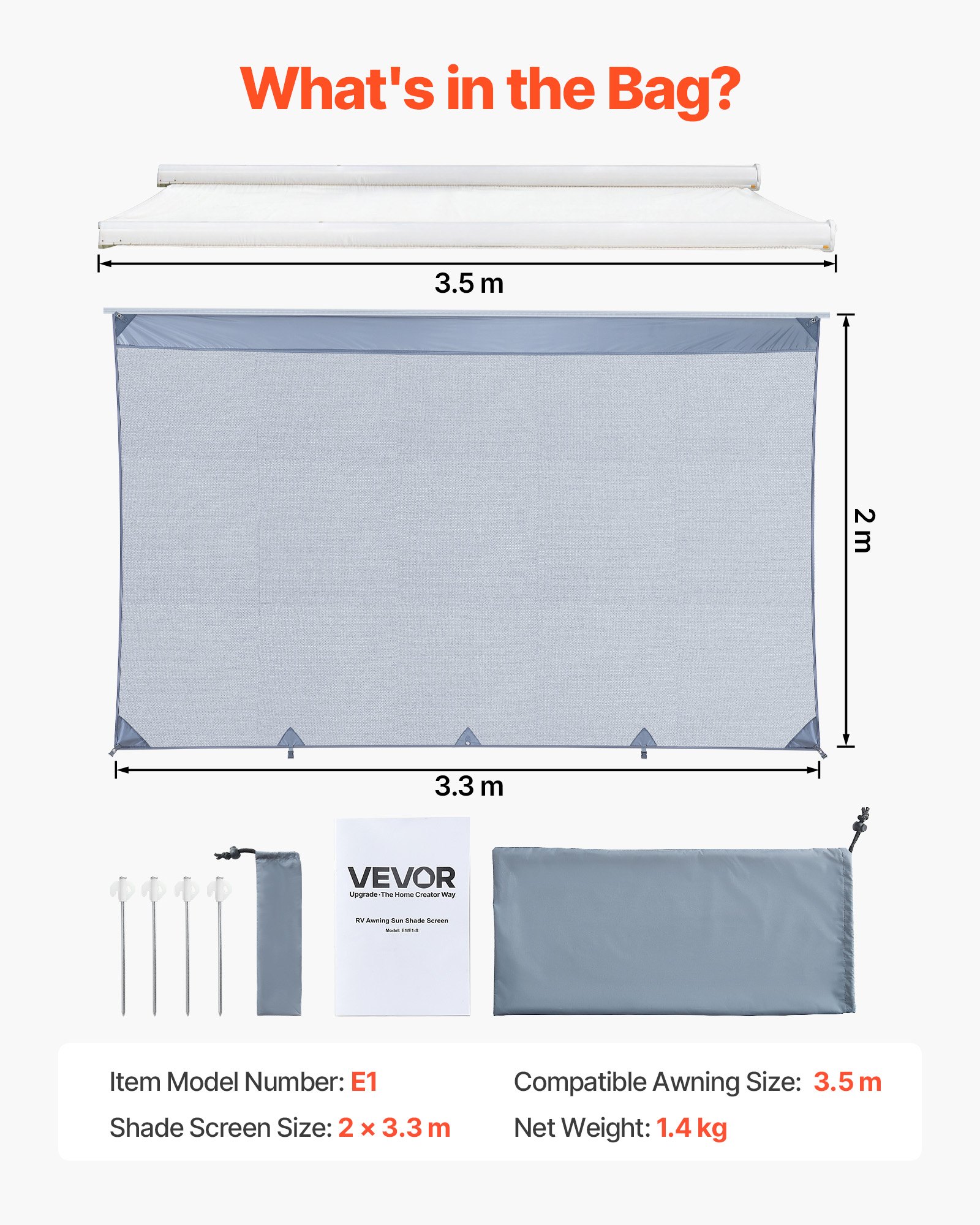 VEVOR Toldo Frontal para Caravana de 2 x 3,3 m, Compatible con Toldo de 3,5 m, Protección Solar Transpirable con Malla de Poliéster Doble Costura para Caravanas, Autocaravana, Viajes, Acampadas