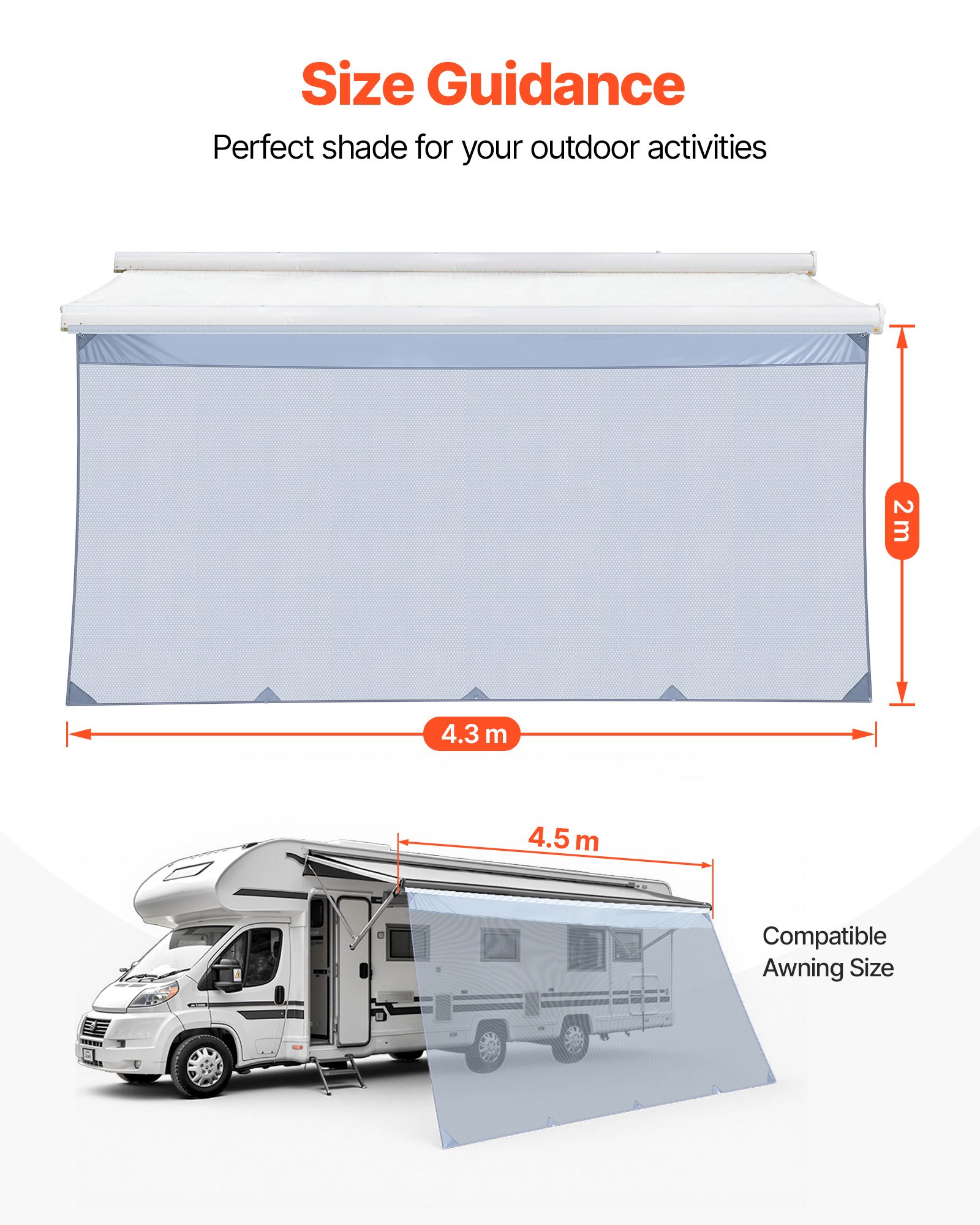 VEVOR Toldo Frontal para Caravana de 2 x 4,3 m, Compatible con Toldo de 4,5 m, Protección Solar Transpirable con Malla de Poliéster Doble Costura para Caravanas, Autocaravana, Viajes, Acampadas