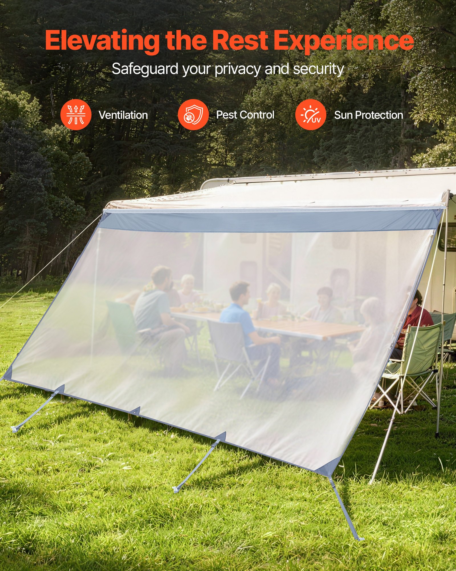 VEVOR Toldo Frontal para Caravana de 2 x 4,3 m, Compatible con Toldo de 4,5 m, Protección Solar Transpirable con Malla de Poliéster Doble Costura para Caravanas, Autocaravana, Viajes, Acampadas