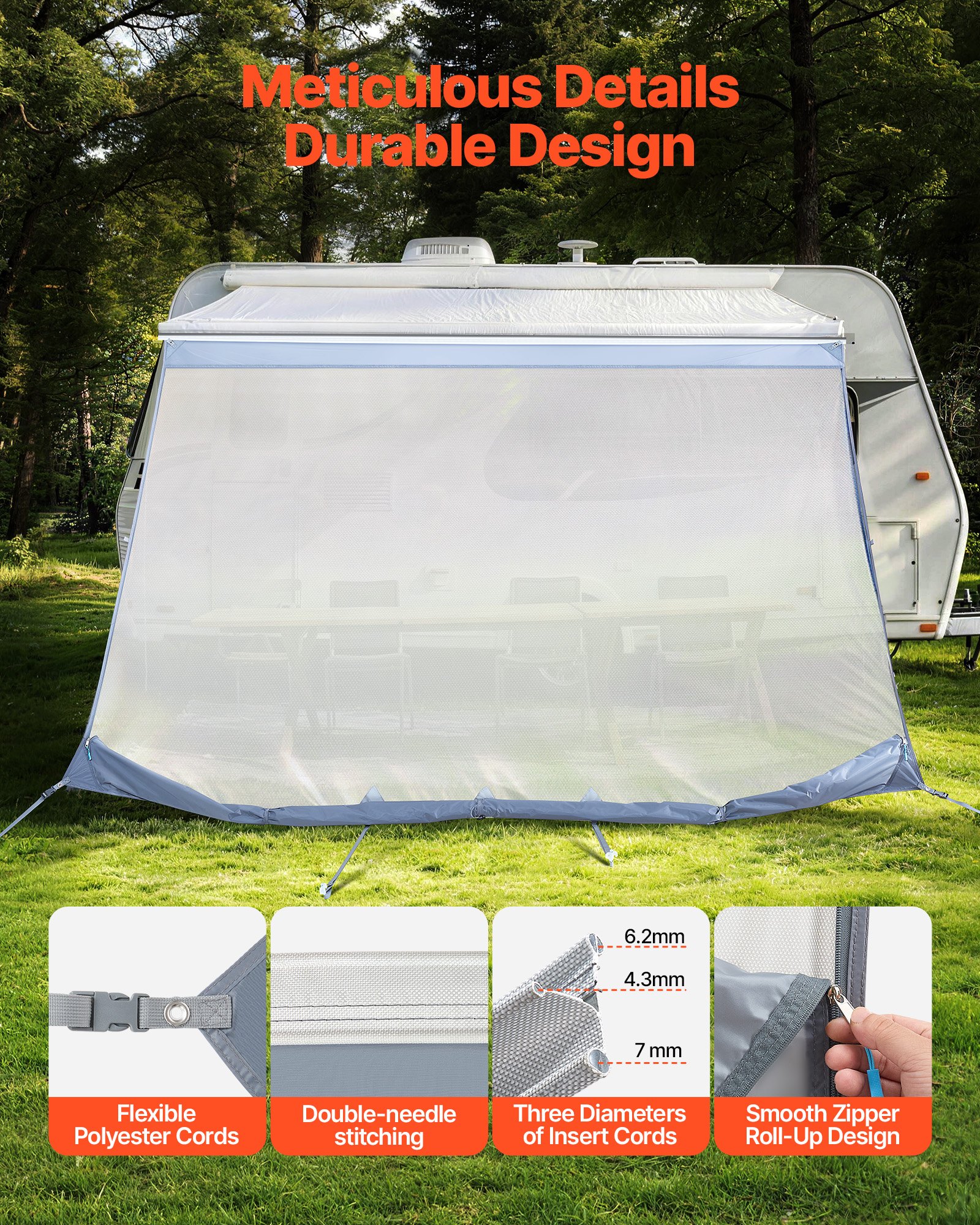 VEVOR Toldo para Caravana 2 x 3,3 m, Compatible con Toldo de 3,5 m, con Funda de Poliuretano con Cremallera UV50+ y Malla de Poliéster de Doble Costura para Caravanas, Autocaravana, Viajes, Acampadas