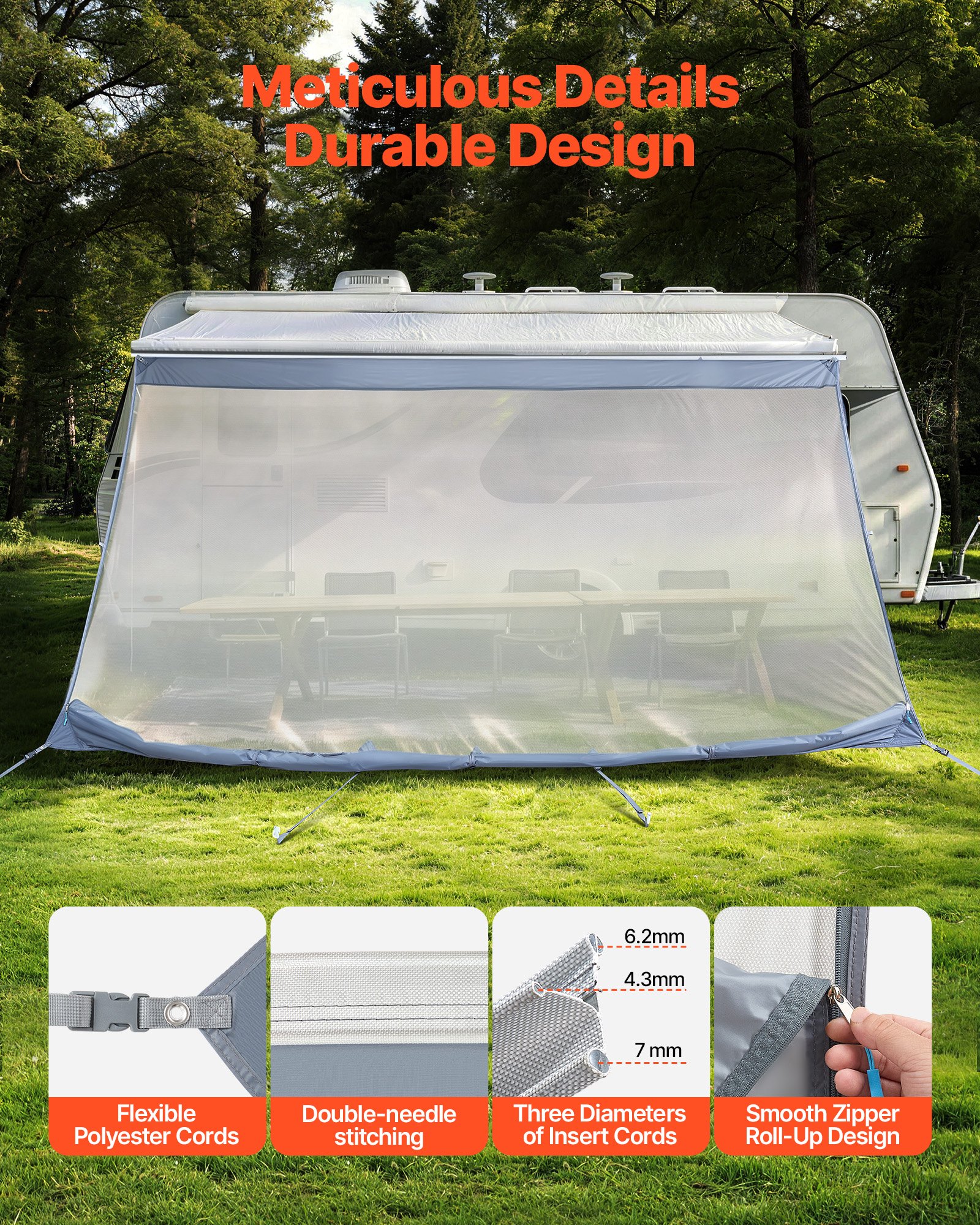 VEVOR Toldo para Caravana 2 x 3,7 m, Compatible con Toldo de 4 m, con Funda de Poliuretano con Cremallera UV50+ y Malla de Poliéster de Doble Costura para Caravanas, Autocaravana, Viajes, Acampadas