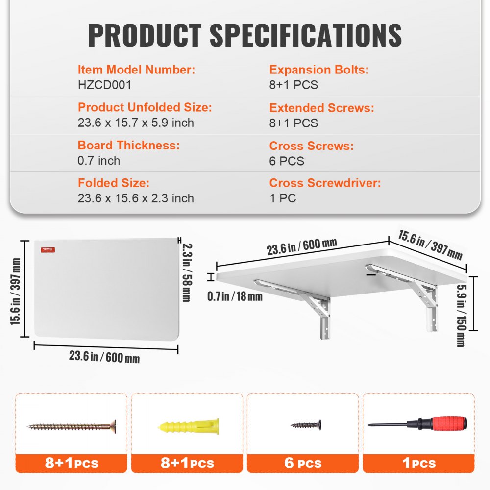 VEVOR Mesa Plegable de Pared 60x39,7x15 cm Escritorio Plegable de Pared Hecho de Tablero de Partículas Mesa Abatible Carga 45kg Instalación Fácil para Espacios Limitados Cocina Comedor Dormitorio Loft