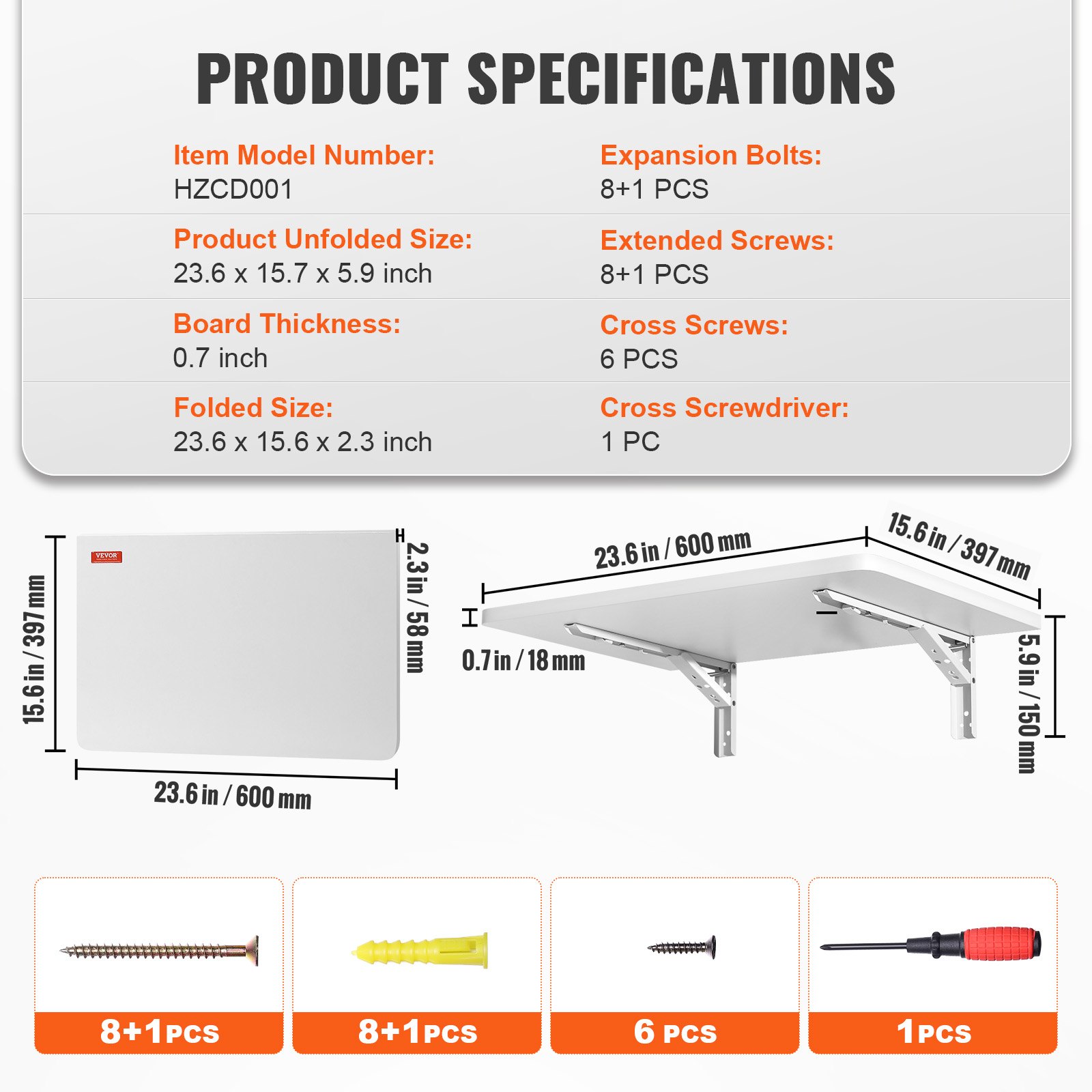 VEVOR Mesa Plegable de Pared 60x39,7x15 cm Escritorio Plegable de Pared Hecho de Tablero de Partículas Mesa Abatible Carga 45kg Instalación Fácil para Espacios Limitados Cocina Comedor Dormitorio Loft