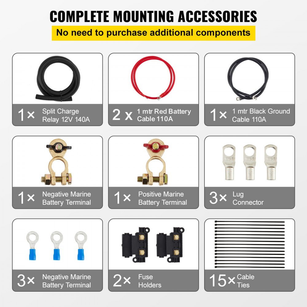 VEVOR Relé Sensible al Voltaje de 12 V 140 A Relé de Carga Dividida Cable de Batería Rojo de 2 m Relé Sensible de Voltaje Plástico de Nailon Kit de Relé de Cargador Dividido con Accesorios Completos