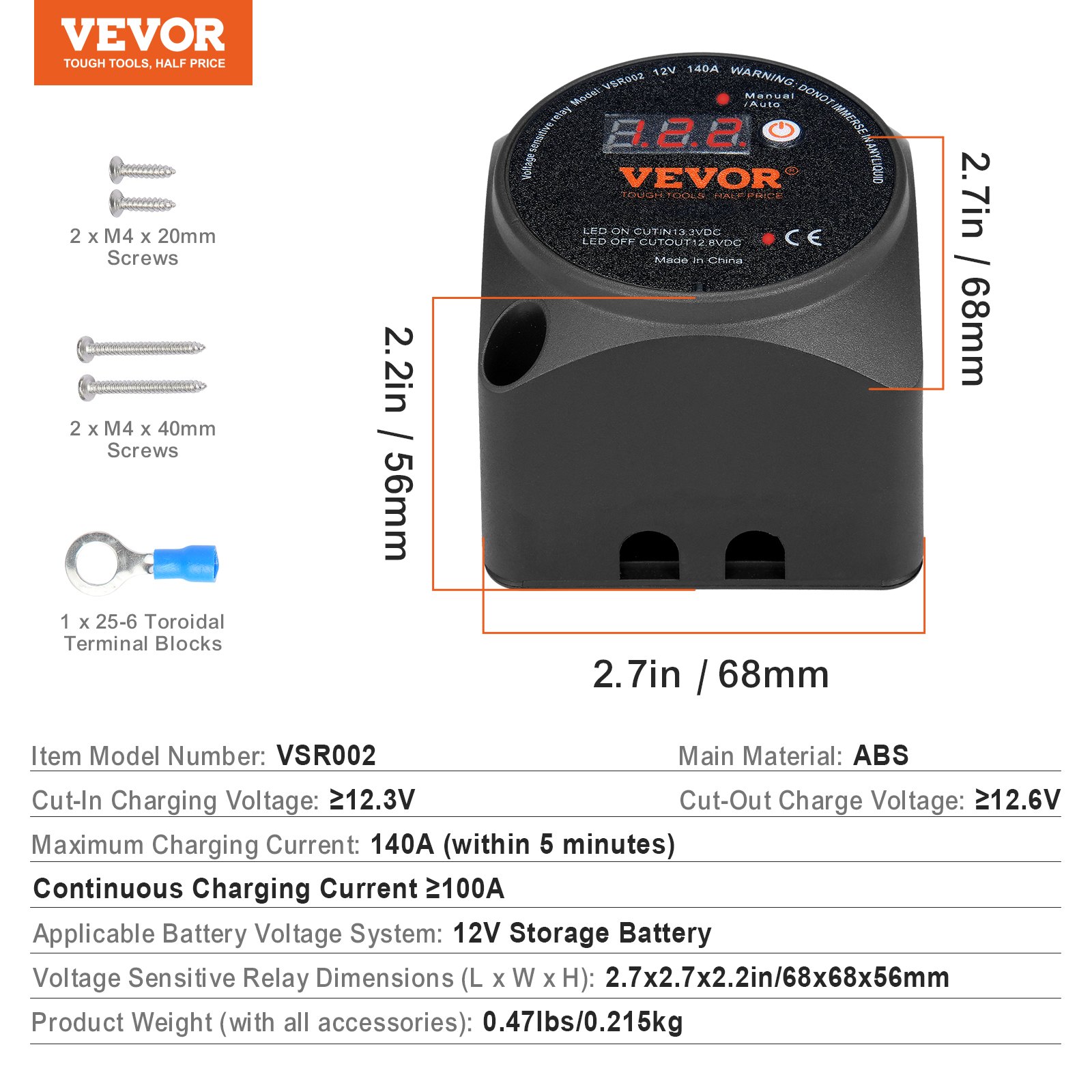VEVOR Aislador de Batería Dual 12 V 140 A Modos Manual y Automático Relé Sensible al Voltaje con Pantalla LCD, Aislador de Batería Inteligente para Vehículo Todoterreno Caravana Camión Barco Yate