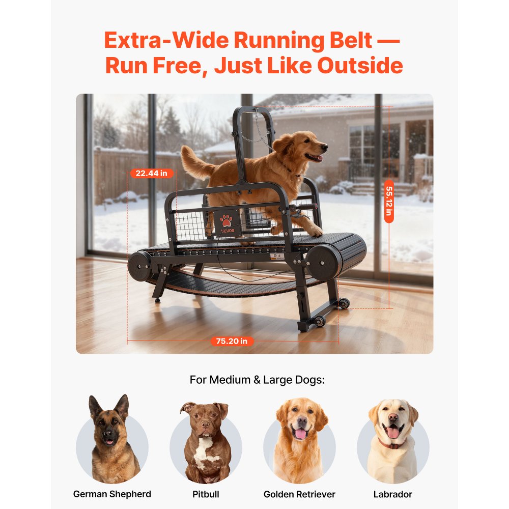 VEVOR Cinta de Correr para Perros Grandes Medianos sin Motor 191 x 57 x 140 cm, Soporte 199,58 kg, Máquina de Ejercicio Interior Perros, con Rampa Ajustable y Ruedas, Altura de Inclinación de 11 cm