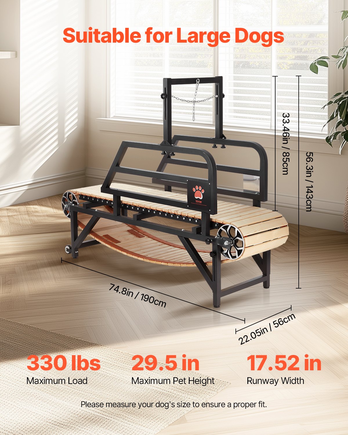 VEVOR Cinta de Correr para Perros Grandes de 190 x 56 x 143 cm, Capacidad de Carga de 100 kg, Máquina para Correr para Perros con Rampas Ajustables, Equipo de Ejercicio para Perros Grandes, Negro