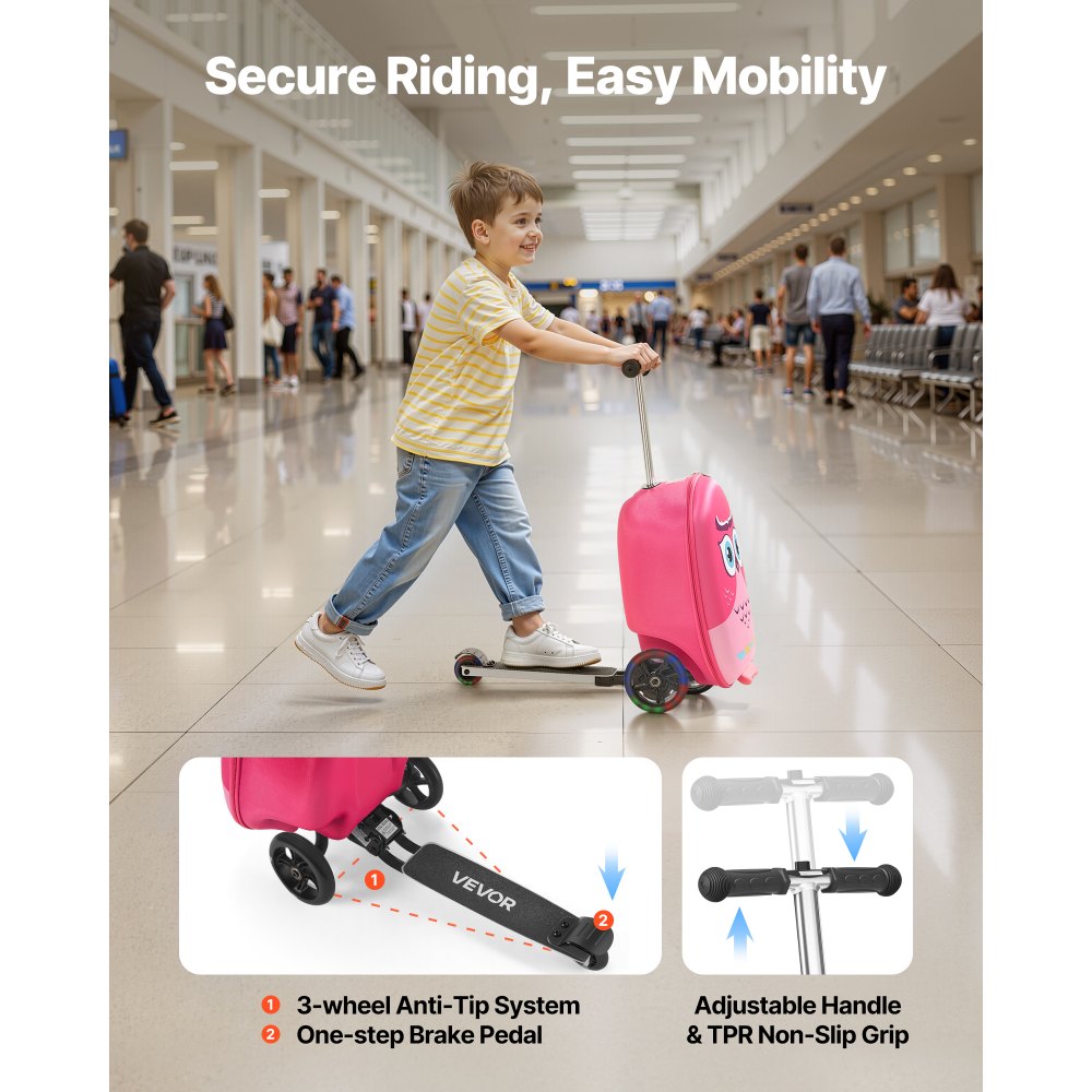 VEVOR Maleta Patinete Infantil 315x670x790 mm Capacidad de 20 L con Ruedas de Poliuretano Asa Ajustable Agarre Antideslizante de TPR Plegable y Ligera para Niños Mayores de 5 Años para Viajar, Rosa