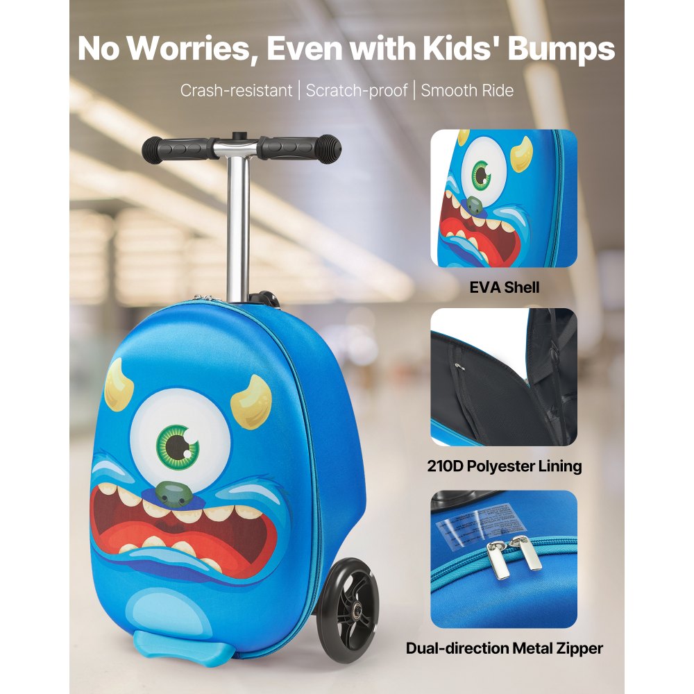 VEVOR Maleta Patinete Infantil 315x670x790 mm Capacidad de 20 L con Ruedas de Poliuretano Asa Ajustable Agarre Antideslizante de TPR Plegable y Ligera para Niños Mayores de 5 Años para Viajar, Azul