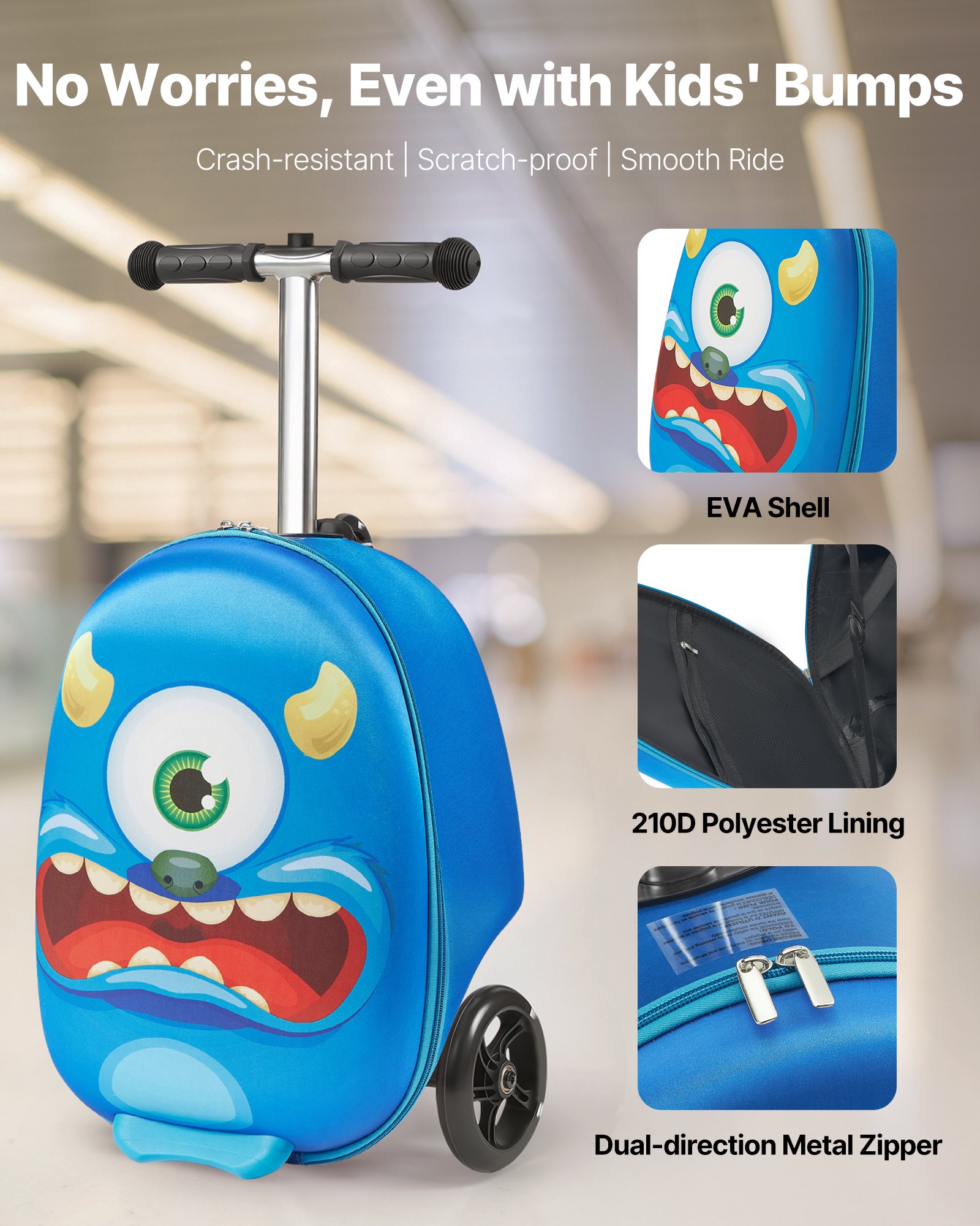 VEVOR Maleta Patinete Infantil 315x670x790 mm Capacidad de 20 L con Ruedas de Poliuretano Asa Ajustable Agarre Antideslizante de TPR Plegable y Ligera para Niños Mayores de 5 Años para Viajar, Azul